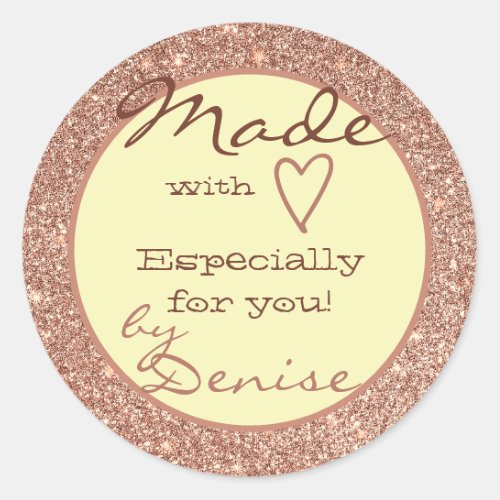 Rose Gold Glitter Made with Love Red Heart Name Classic Round Sticker