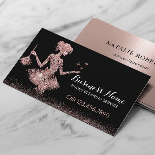 Rose Gold Glitter Maid Cleaning Housekeeping Business Card