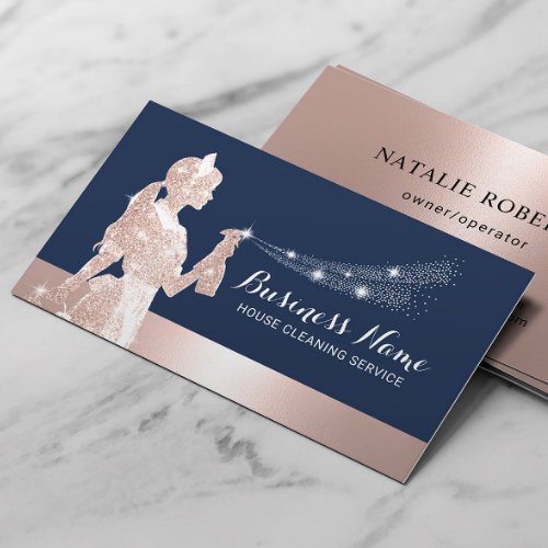 Rose Gold Glitter Maid Cleaning Navy Housekeeping Business Card