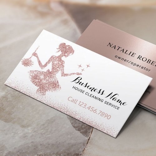Rose Gold Glitter Maid  Feather Duster Cleaning Business Card