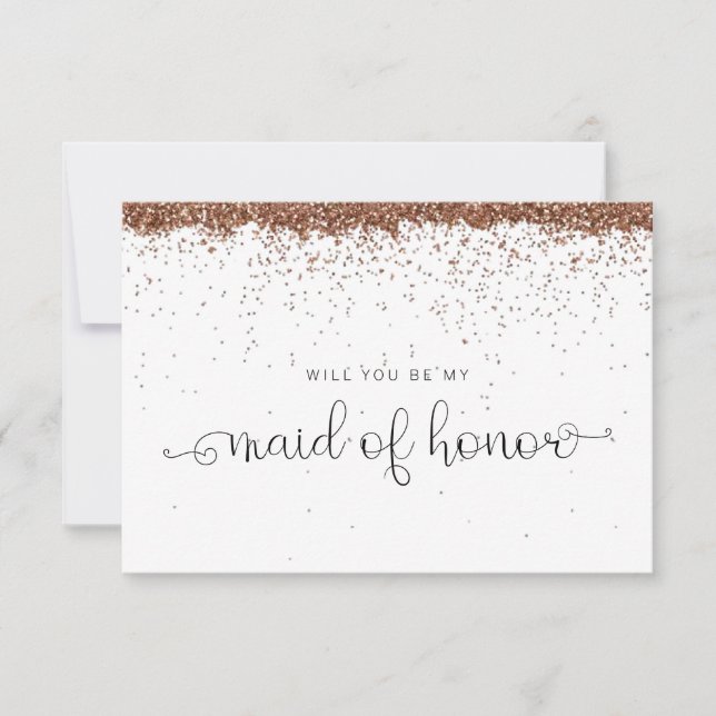 Rose Gold Glitter Maid of Honor Proposal Note Card (Front)