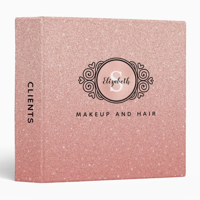 Rose Gold Glitter Makeup Artist Hair Salon Client  3 Ring Binder (Front/Spine)