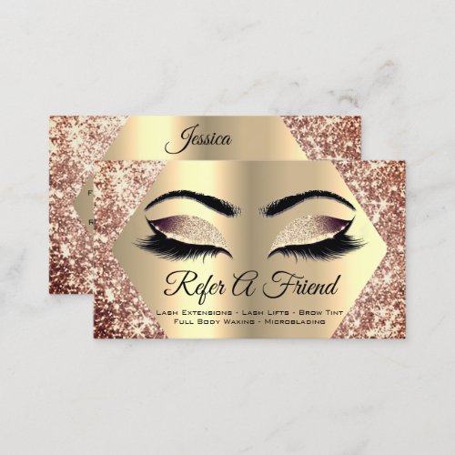 Rose Gold Glitter Makeup Artist Lash Refer Friend Business Card