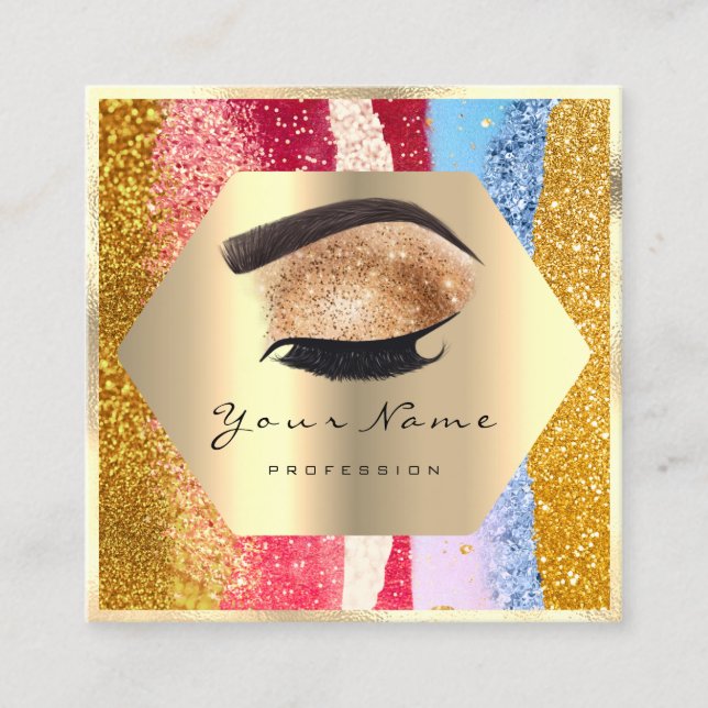 Rose Gold Glitter Makeup Artist Logo Strokes Lash Square Business Card (Front)