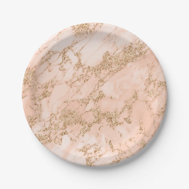 Rose gold glitter marble abstract paper plates (Front)