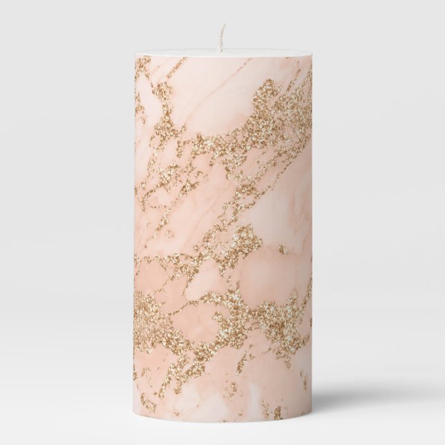 Rose gold glitter marble abstract pillar candle (Front)