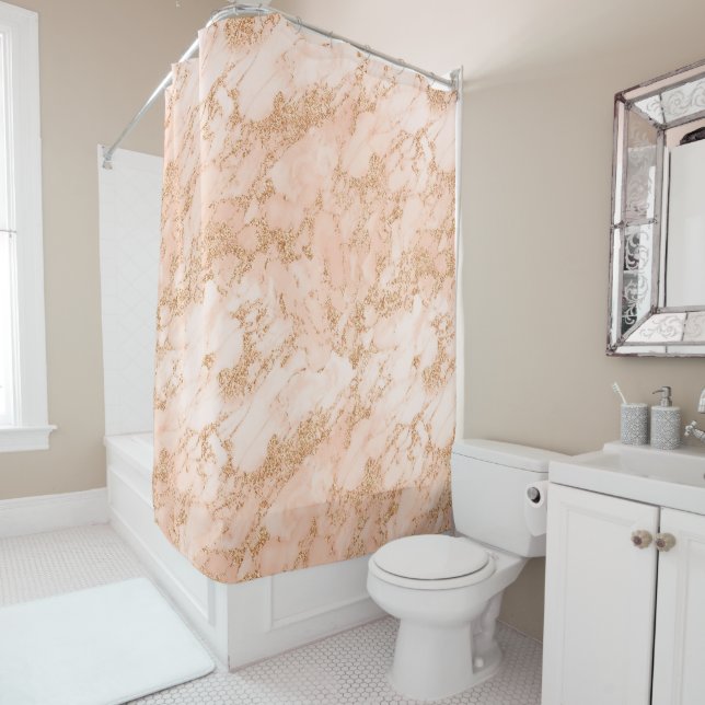 Rose gold glitter marble abstract shower curtain (In Situ)