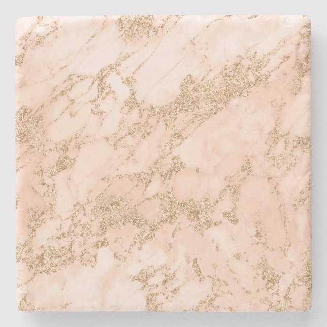 Rose gold glitter marble abstract stone coaster (Front)
