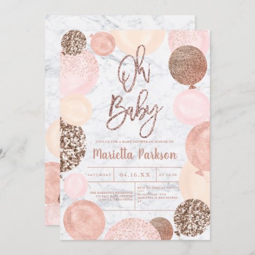 Rose gold glitter marble balloons baby shower invitation