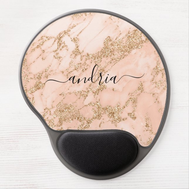 Rose Gold Glitter Marble, Black Script Name Gel Mouse Pad (Front)