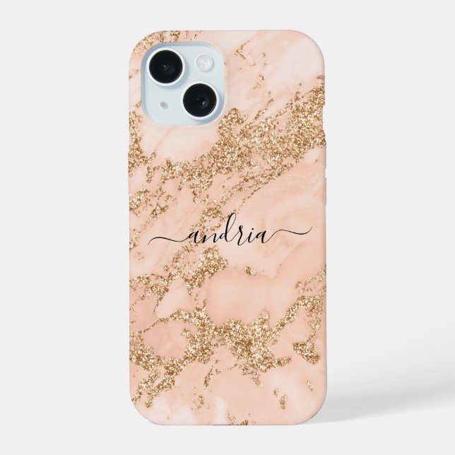 Rose Gold Glitter Marble, Black Script Name Iphone Case (Back)