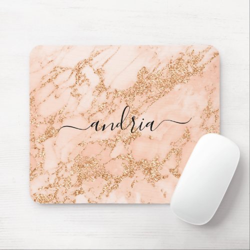 Rose Gold Glitter Marble Black Script Name Mouse Pad