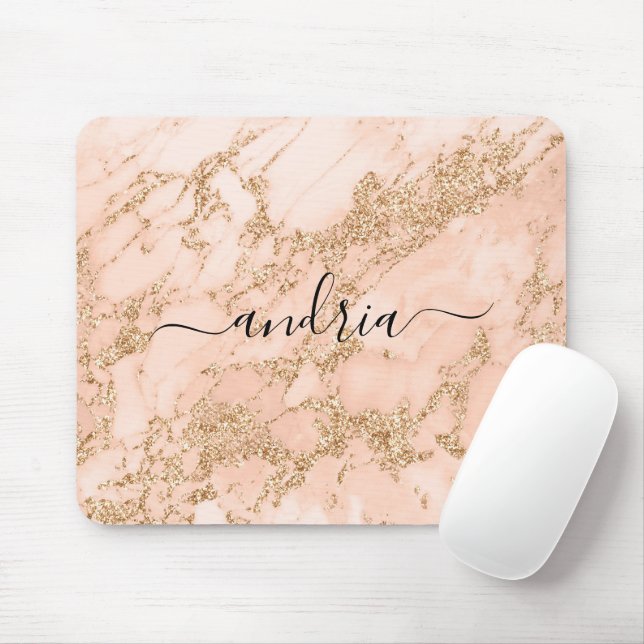 Rose Gold Glitter Marble, Black Script Name Mouse Pad (With Mouse)