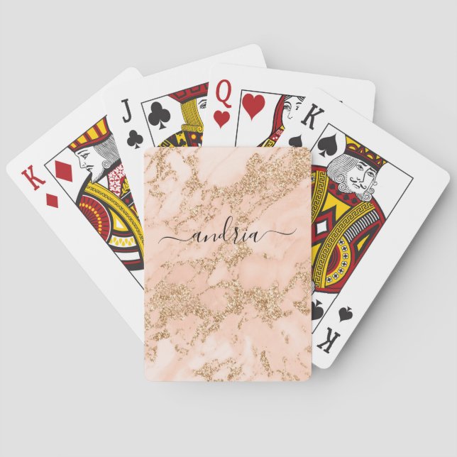 Rose Gold Glitter Marble, Black Script Name Poker Cards (Back)
