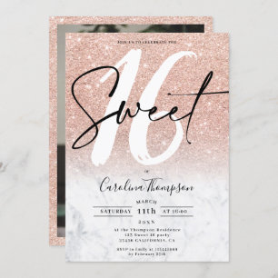 Rose gold glitter marble border photo Sweet 16 Invitation