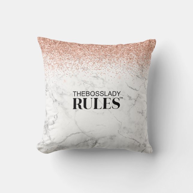 Rose Gold Glitter Marble Boss Lady Name Throw Pillow (Front)