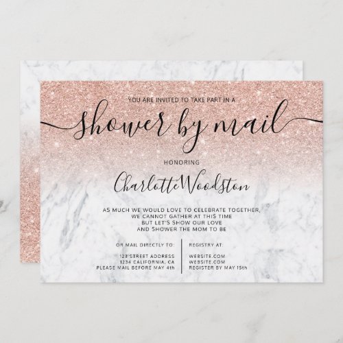 Rose gold glitter marble cancelled shower by mail invitation