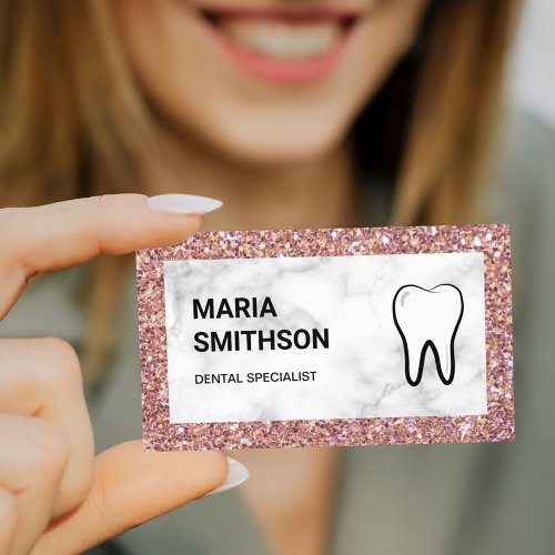 Rose Gold Glitter Marble Dental Clinic Dentist Business Card