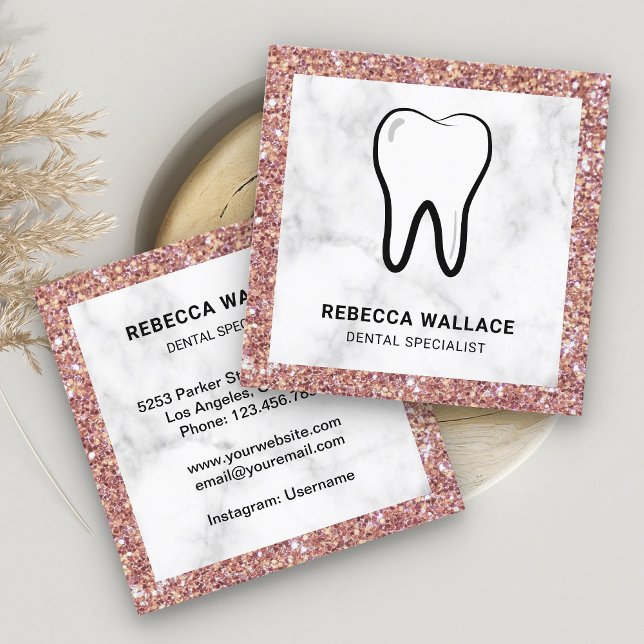 Rose Gold Glitter Marble Dental Clinic Dentist Square Business Card (Creator Uploaded)