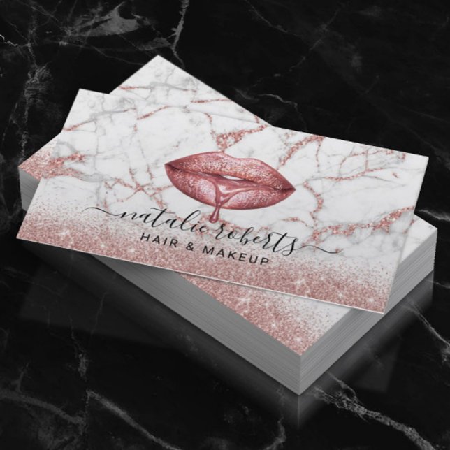 Rose Gold Glitter Marble Drips Lips Makeup Artist Business Card (Creator Uploaded)