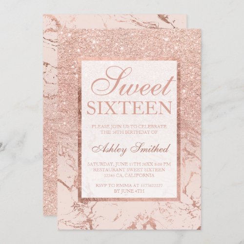 Rose gold glitter marble elegant chic Sweet 16 Invitation