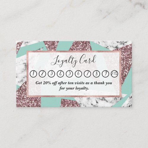 Rose Gold Glitter Marble Geometric Triangles Teal Loyalty Card