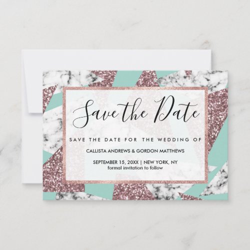 Rose Gold Glitter Marble Geometric Triangles Teal Save The Date