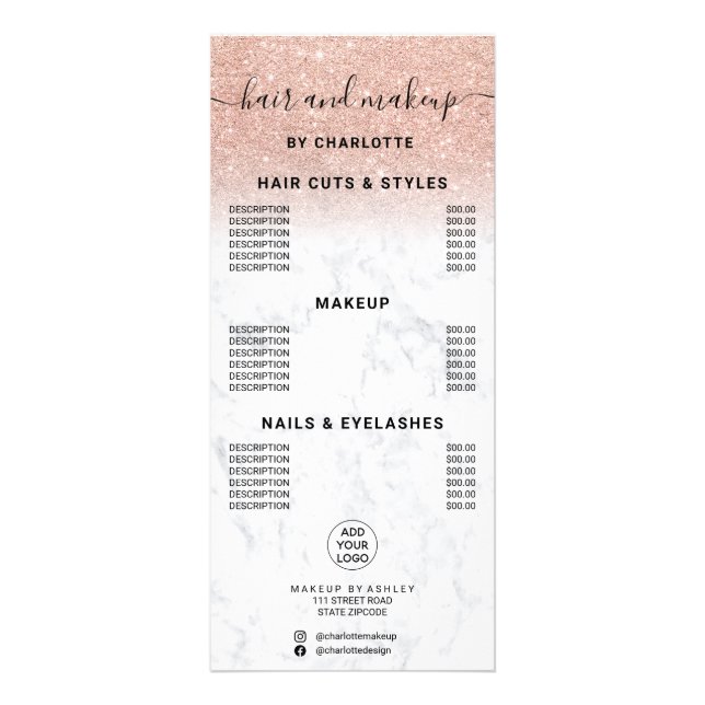 Rose gold glitter marble hair makeup price rack card (Front)