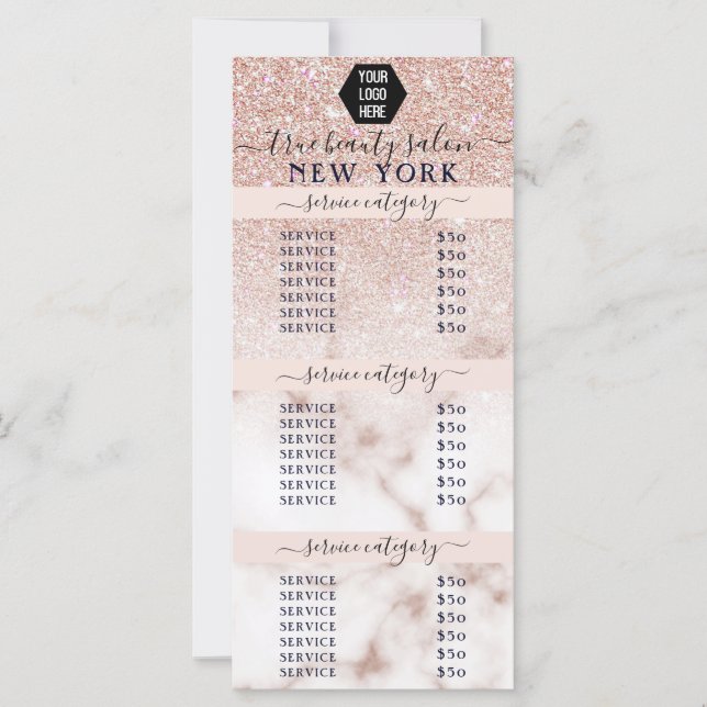 Rose Gold Glitter Marble Logo Salon Price List (Front)