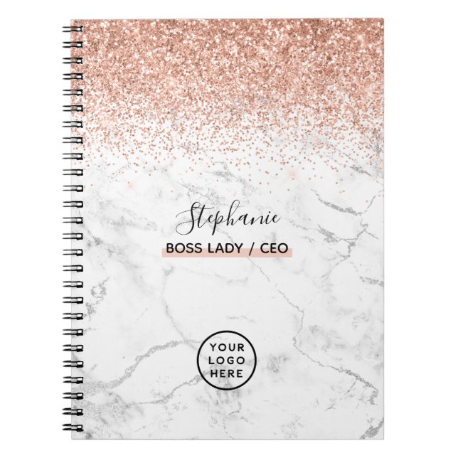 Rose Gold Glitter Marble Logo Your Name Boss Lady Notebook (Front)