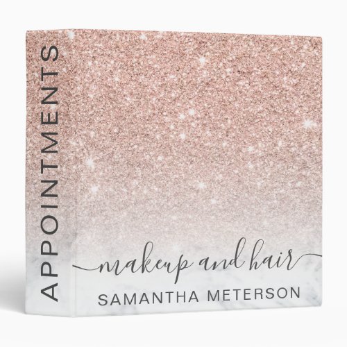 Rose gold glitter marble makeup hair appointments 3 ring binder