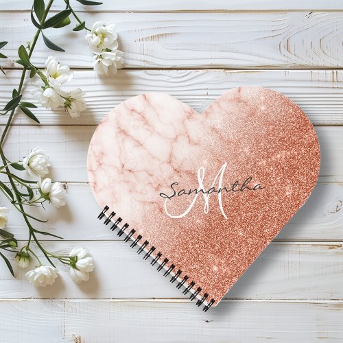 Rose Gold Glitter Marble Monogram Heart Notebook