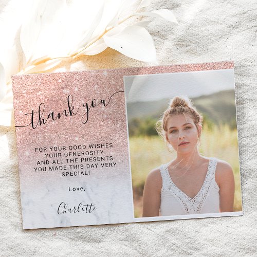 Rose gold glitter marble ombre 3 photos Sweet 16 Thank You Card