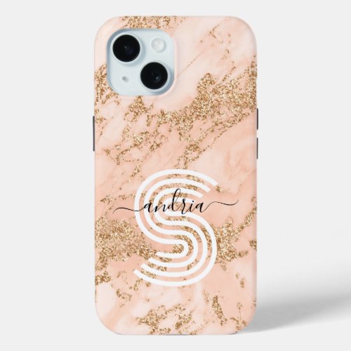 Rose Gold Glitter Marble Personalize Name Monogram iPhone 15 Case