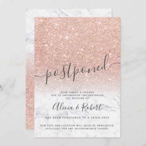 Rose gold glitter marble postponed new plans invitation