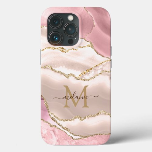 Rose Gold Glitter Marble Pretty Monogram iPhone 13 Pro Case