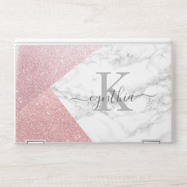 Rose Gold Glitter Marble Script Name Monogram HP Laptop Skin (Front)