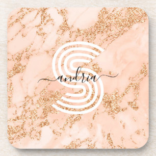 Rose Gold Glitter Marble, Script Name Wht Monogram Beverage Coaster