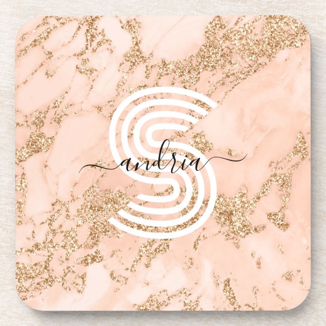 Rose Gold Glitter Marble, Script Name Wht Monogram Beverage Coaster (Front)