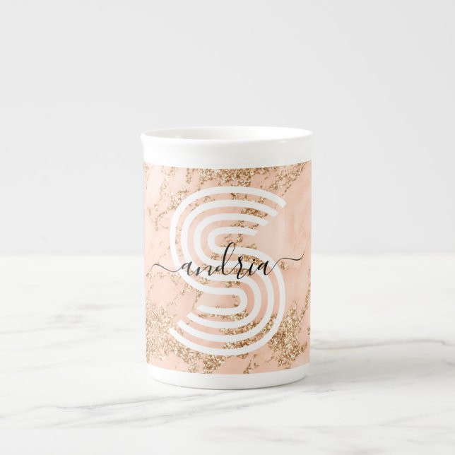 Rose Gold Glitter Marble, Script Name Wht Monogram Bone China Mug (Front)