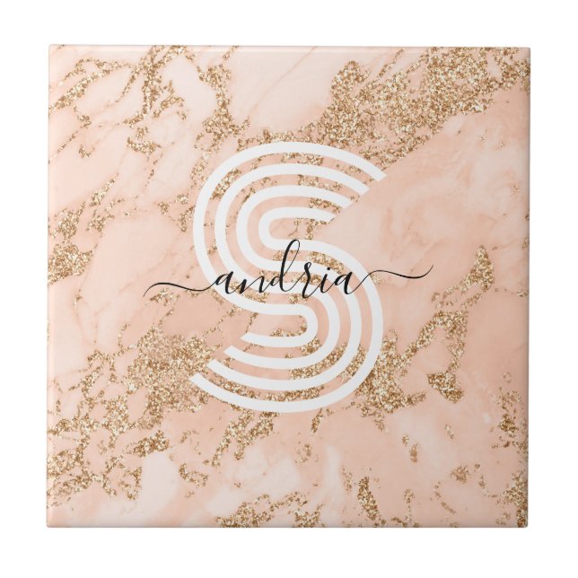 Rose Gold Glitter Marble, Script Name Wht Monogram Ceramic Tile (Front)