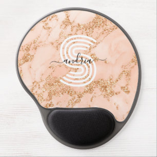 Rose Gold Glitter Marble, Script Name Wht Monogram Gel Mouse Pad