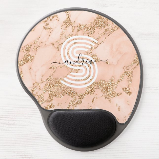 Rose Gold Glitter Marble, Script Name Wht Monogram Gel Mouse Pad (Front)