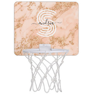 Rose Gold Glitter Marble, Script Name Wht Monogram Mini Basketball Hoop