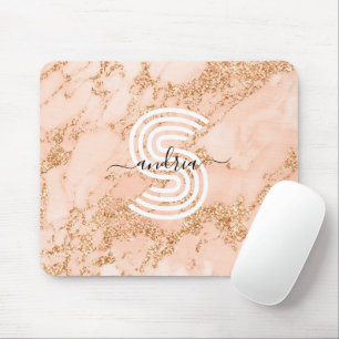 Rose Gold Glitter Marble, Script Name Wht Monogram Mouse Pad