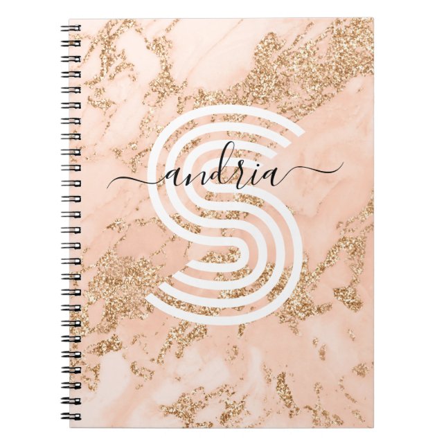 Rose Gold Glitter Marble, Script Name Wht Monogram Notebook (Front)