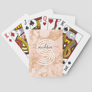 Rose Gold Glitter Marble, Script Name Wht Monogram Poker Cards