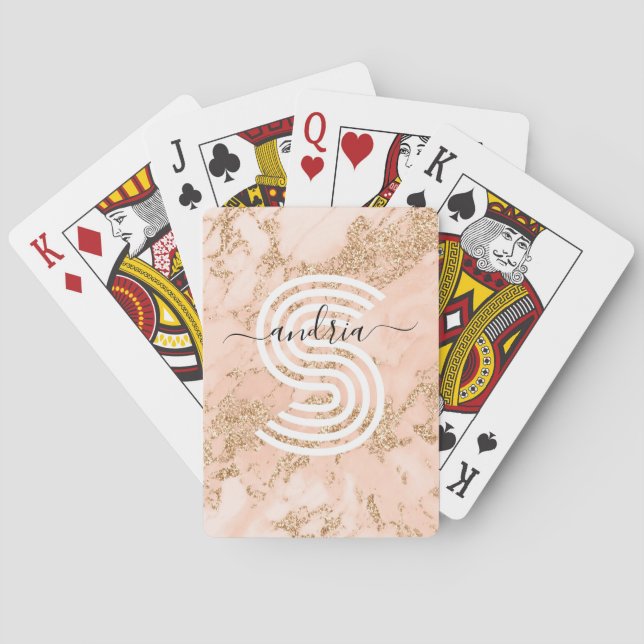 Rose Gold Glitter Marble, Script Name Wht Monogram Poker Cards (Back)