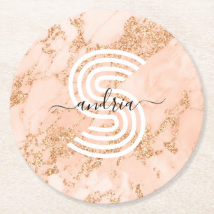 Rose Gold Glitter Marble, Script Name Wht Monogram Round Paper Coaster