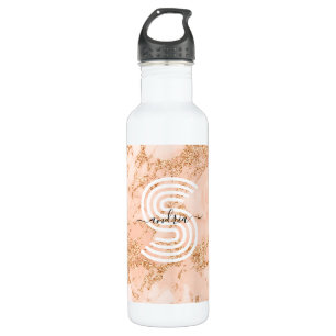 Rose Gold Glitter Marble, Script Name Wht Monogram Stainless Steel Water Bottle